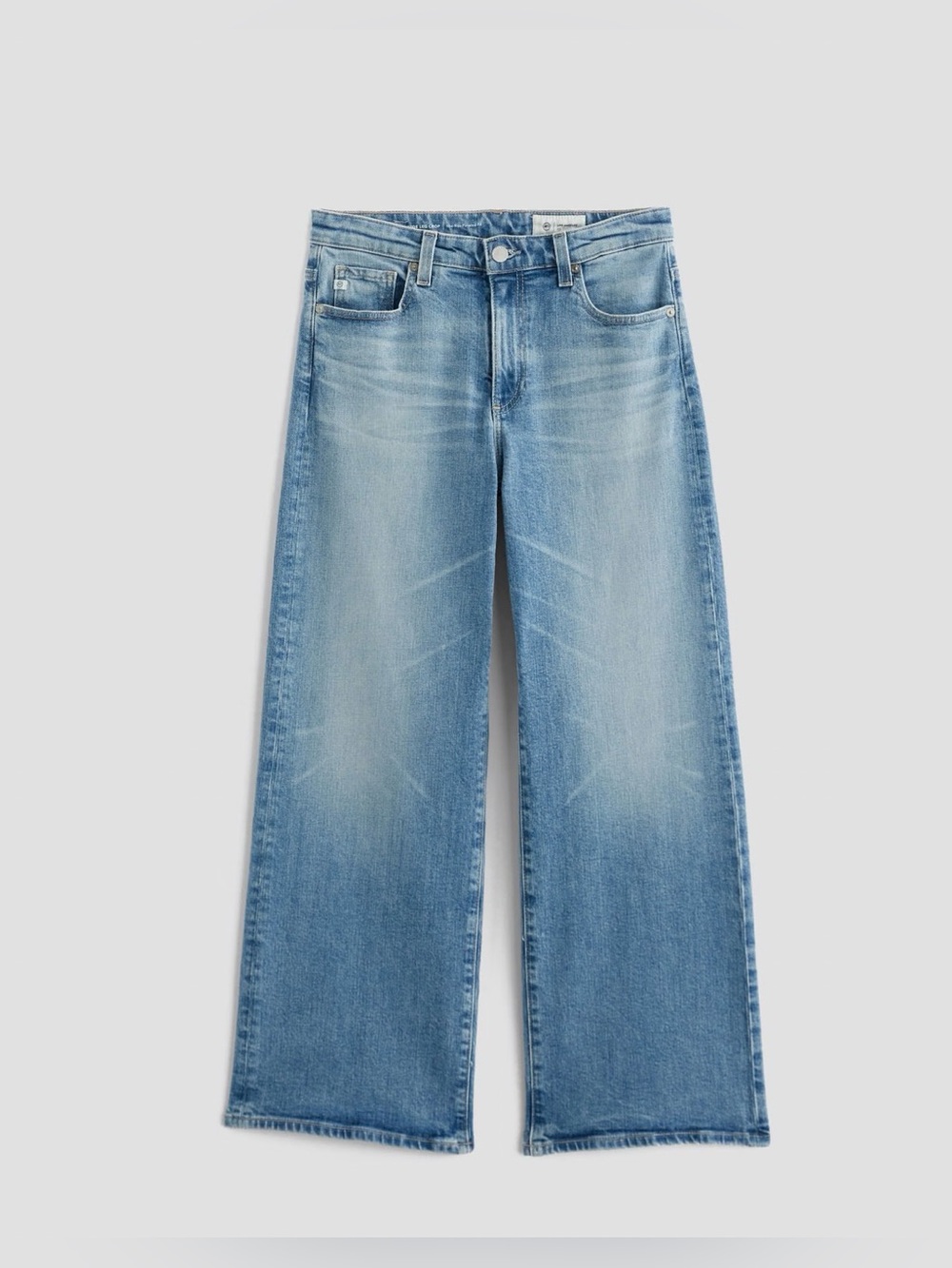 AG Adriano Goldschmied Saige Wide Leg Crop Jeans in light blue denim wash.